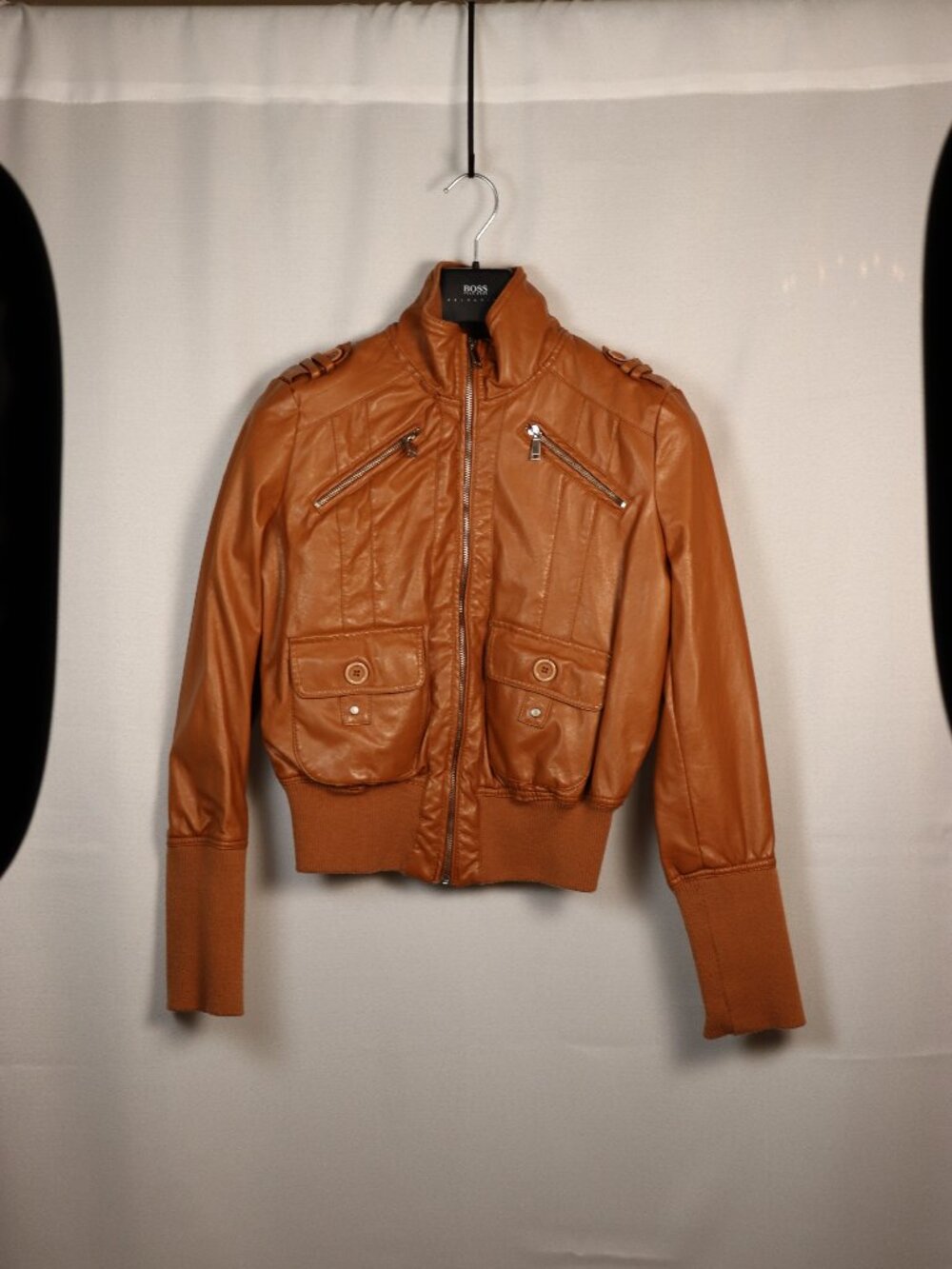 Faux Leather Bomber Jacket – Size Medium – Black Pleather Zip Up Moto Jacket